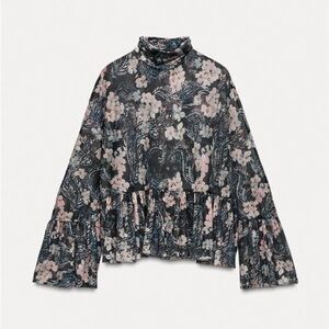 ZARA SEMI SHEER FLORAL RUFFLE TRIM BELL SLEEVE BLOUSE TOP M